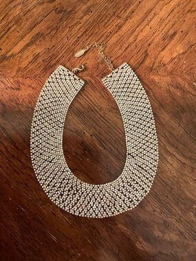 Natasha Couture Gold Rhinestone Mesh Statement Bib Necklace Prom